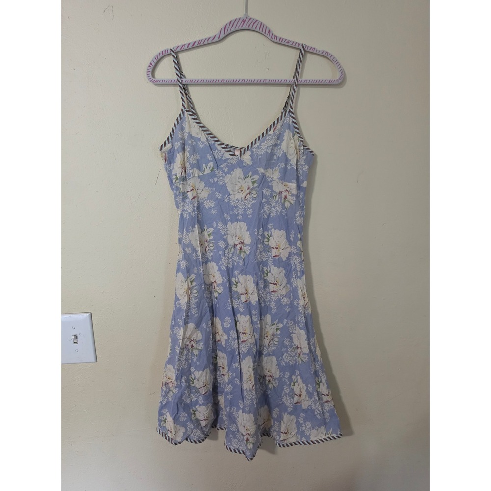 Eloise Anthropologie Blue Floral Cotton Sundress Striped Trim Small